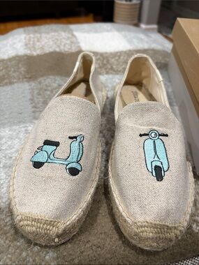 Soludos Sand Canvas Espadrille Flats with Light Blue Scooter Embroidery